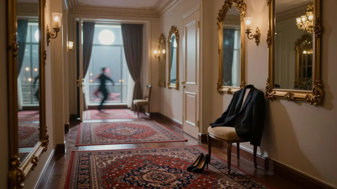 An empty hallway in a hidden luxury club with mirrors, Persian rugs, and a single pair of high heels left behind, suggesting a recent departure.