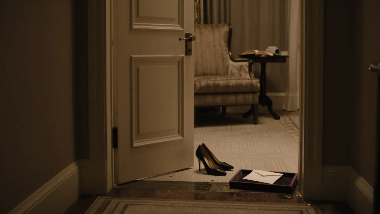 An envelope rests on a velvet tray beside elegant heels in a hotel hallway, symbolizing discreet companionship.