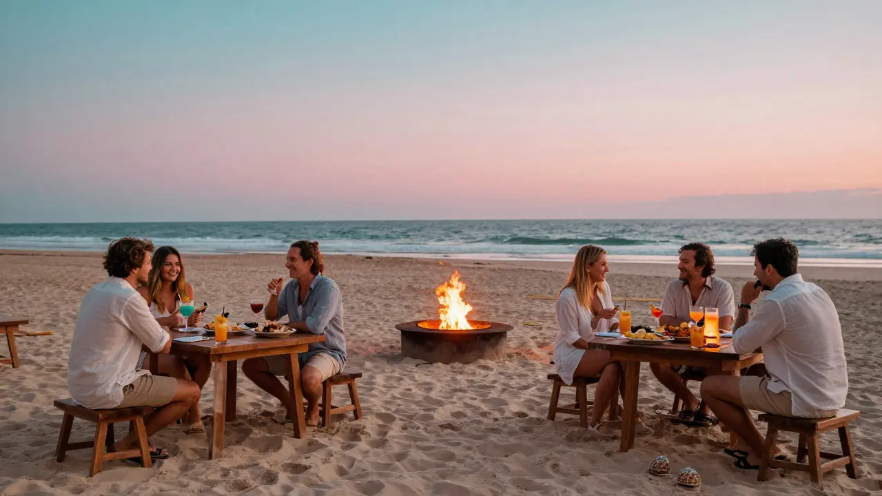 Beachside bar at La Mer at dusk, fire pits glowing, guests in casual attire with seafood platters.