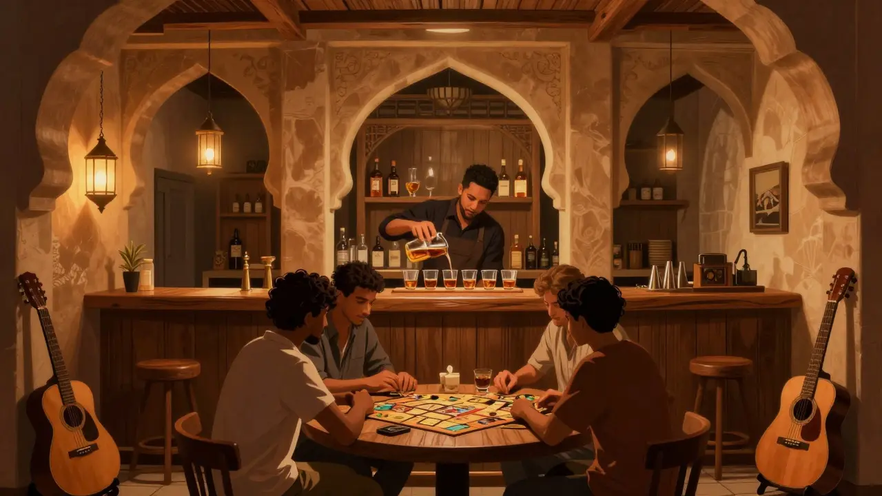 Cozy Arabic-inspired bar in Al Seef with lantern light, whiskey flights, and quiet conversation.