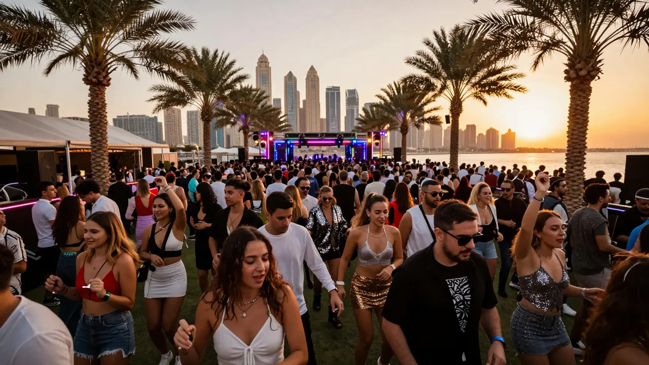 Crowd dancing under palm trees at an open-air club as the sunrise begins over Dubai Marina.