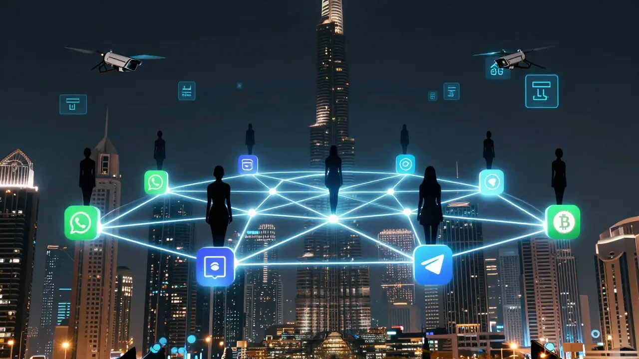 Digital networks connect anonymous women across Dubai’s skyline, watched by surveillance drones and AI monitoring systems.