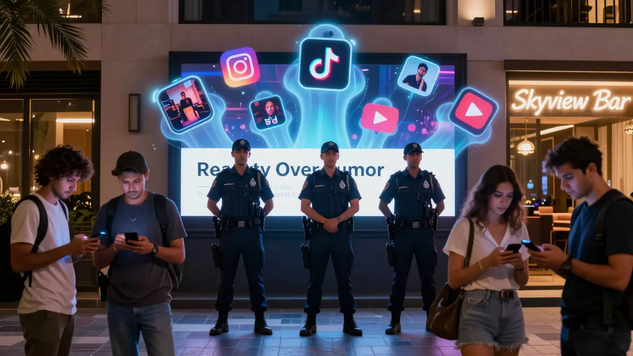 Dubai Police officers beside a digital billboard with a 'Reality Over Rumor' warning, while fake social media videos float behind them and confused tourists look at their phones.