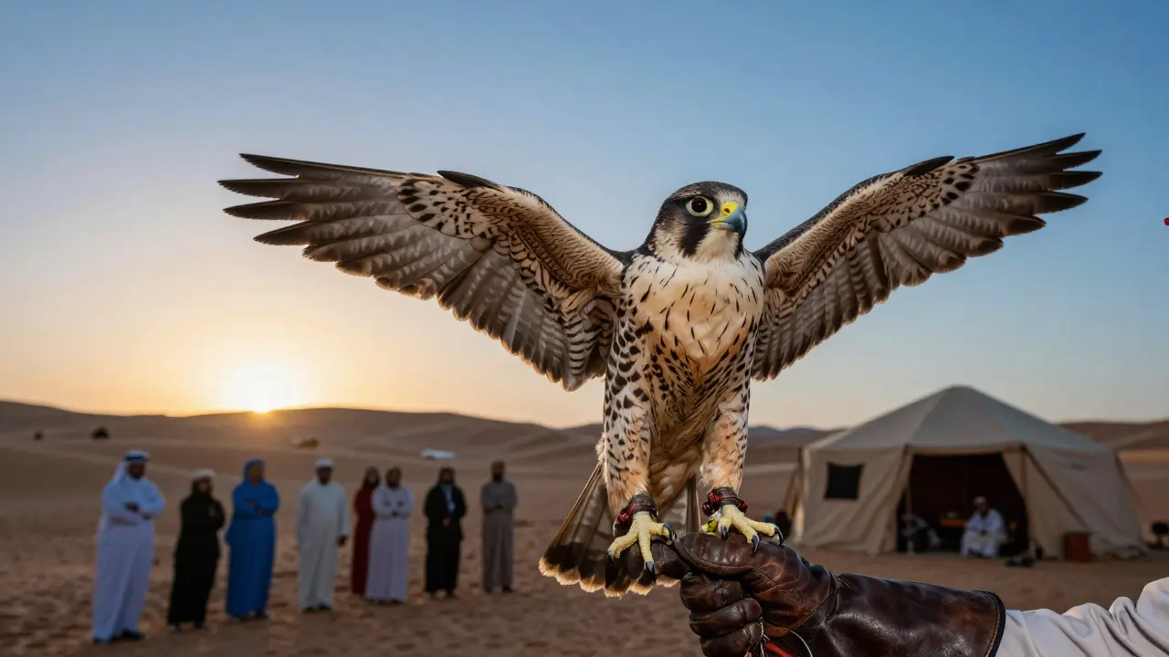 Falcon perched on glove during desert safari cultural show.