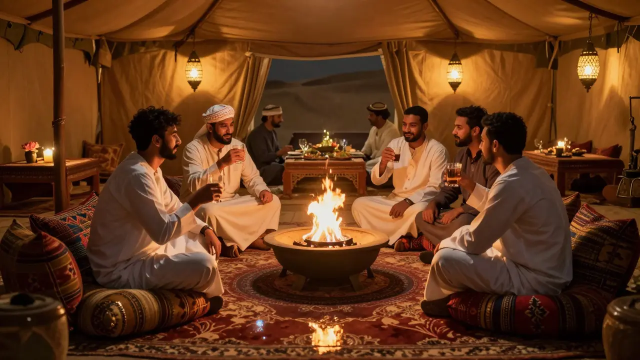 Friends gathering in luxury bedouin tent with firelight at night.