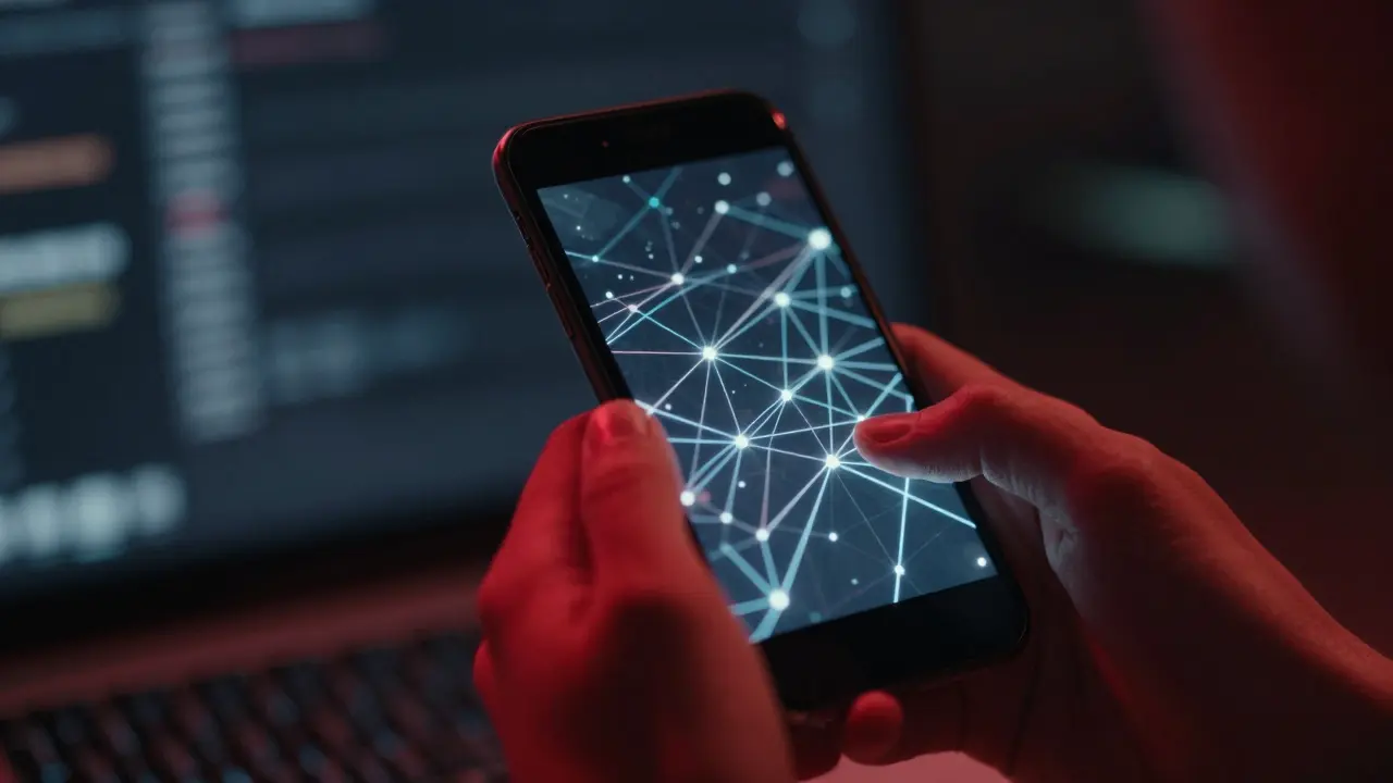 Hands holding phone with abstract glowing data patterns on screen