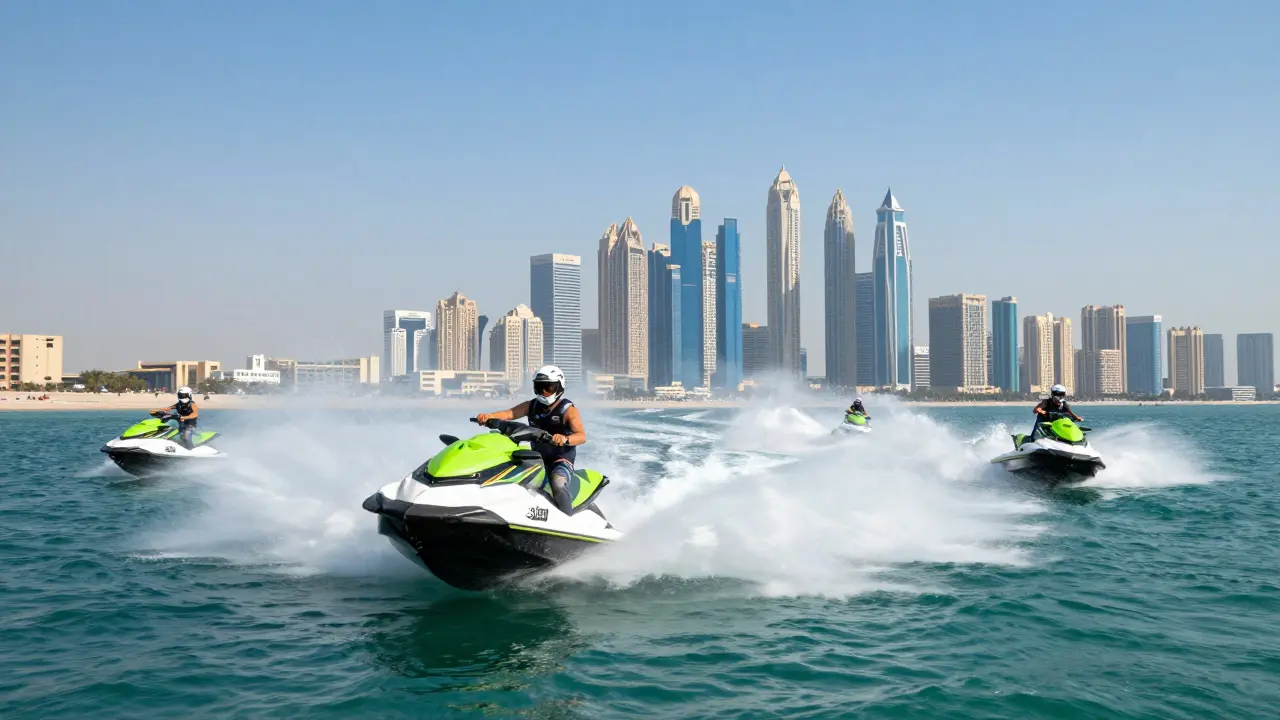 Jet skis speeding through blue waters near city skyline