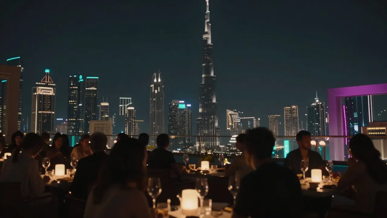 Luxury rooftop view of Dubai skyline at night with lights
