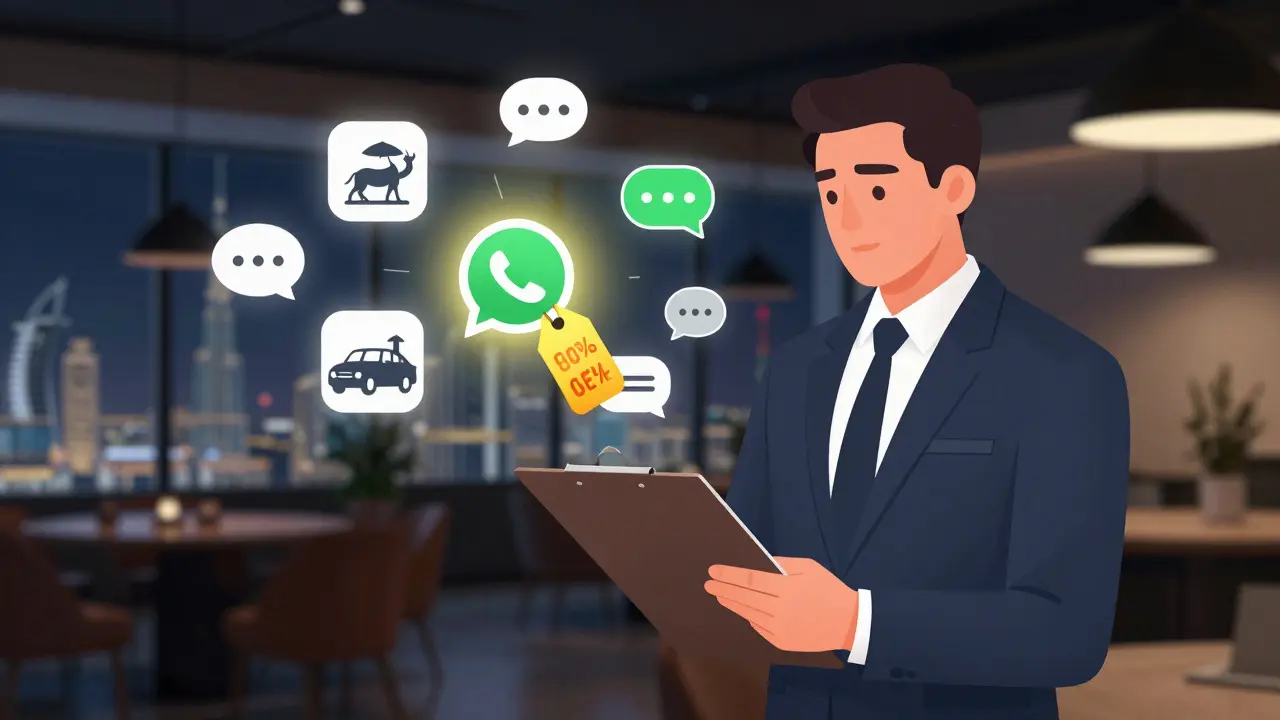 Man in an office surrounded by icons representing Dubai bachelor party services and a glowing discount tag.