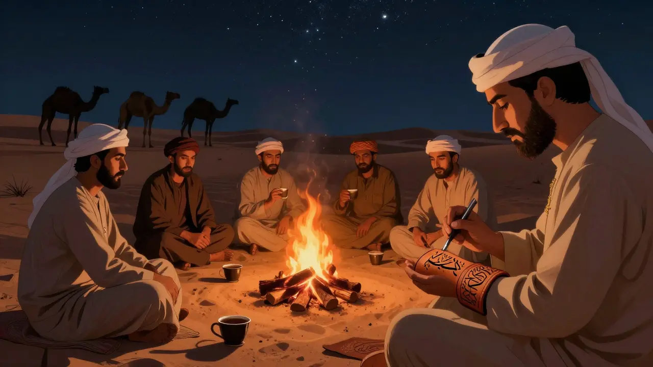 Men gathered around a desert bonfire at night, one receiving Arabic calligraphy on a leather cuff under starry skies.