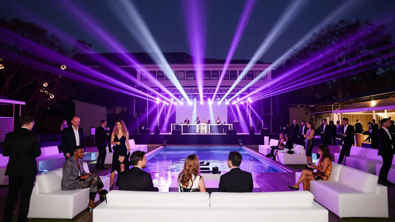 Outdoor nightclub stage over pool with white furniture and laser lights.