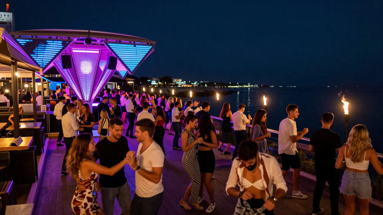 Outdoor terrace party with dancers and neon lights