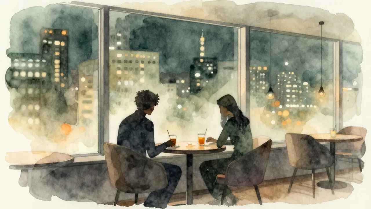 Shadowy figures sitting at a table in a private lounge interior