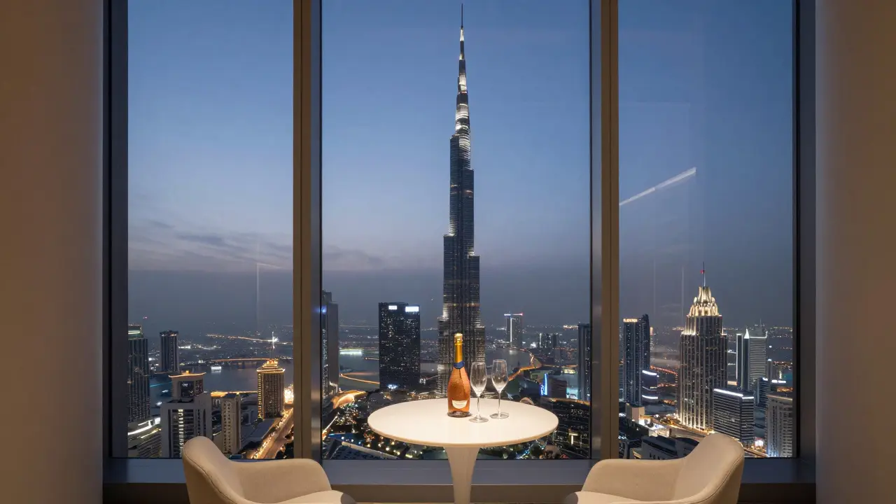 Sky lounge view of city skyline with cocktail on table