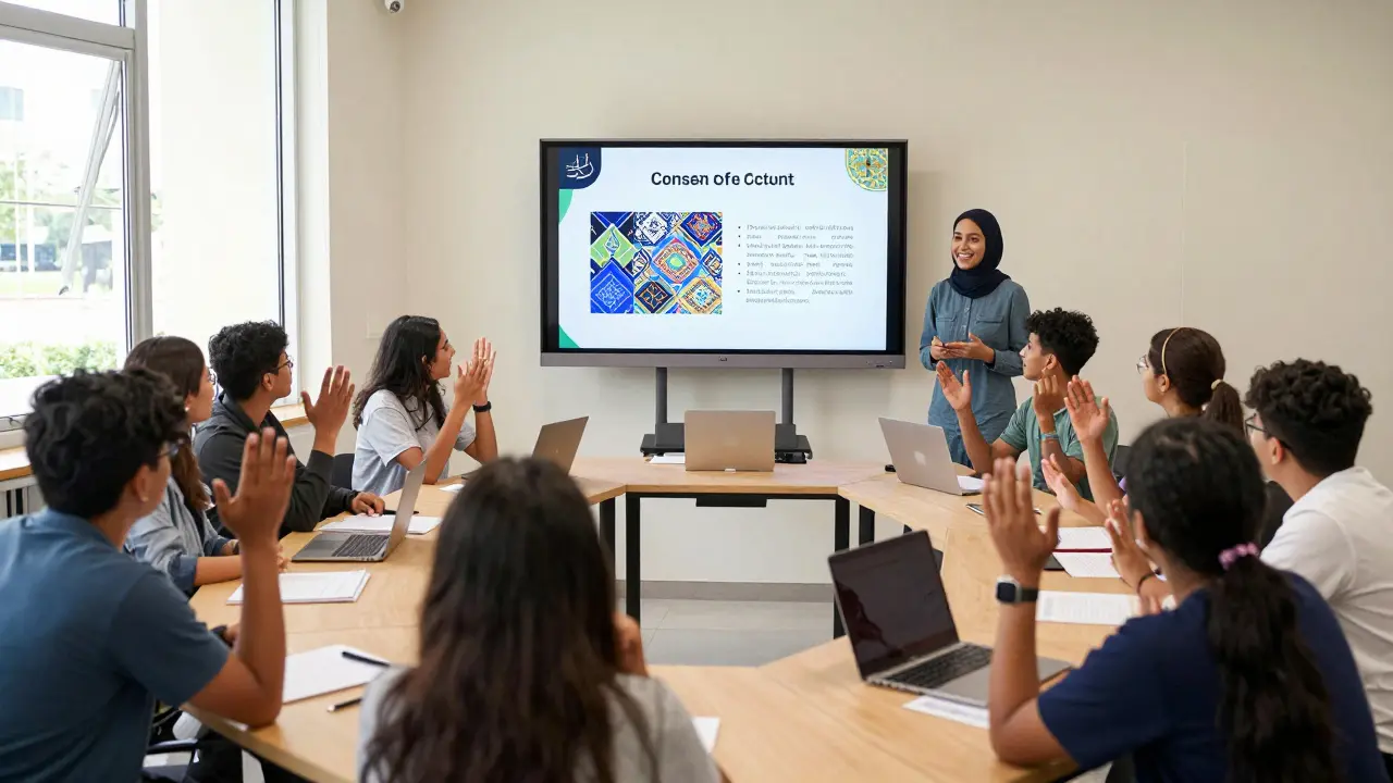 Students participating in a culturally adapted sexual wellness workshop in a Dubai university hall.