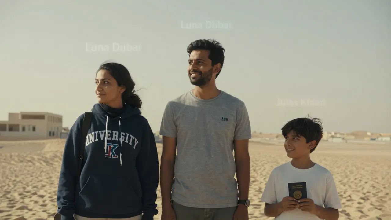 Three former Dubai residents smile in distant cities as ghostly stage names fade behind them like mirages.
