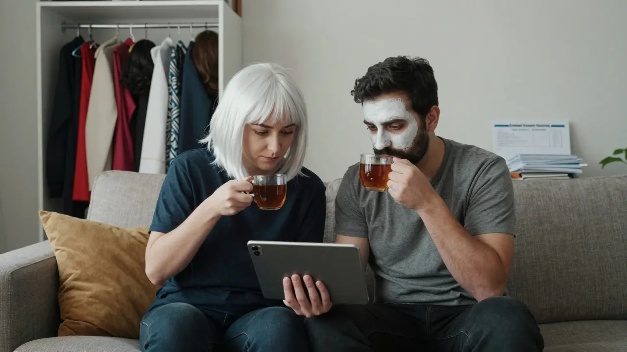 Two performers reviewing footage on a tablet in a neutral-toned studio apartment, wearing wigs and filters.