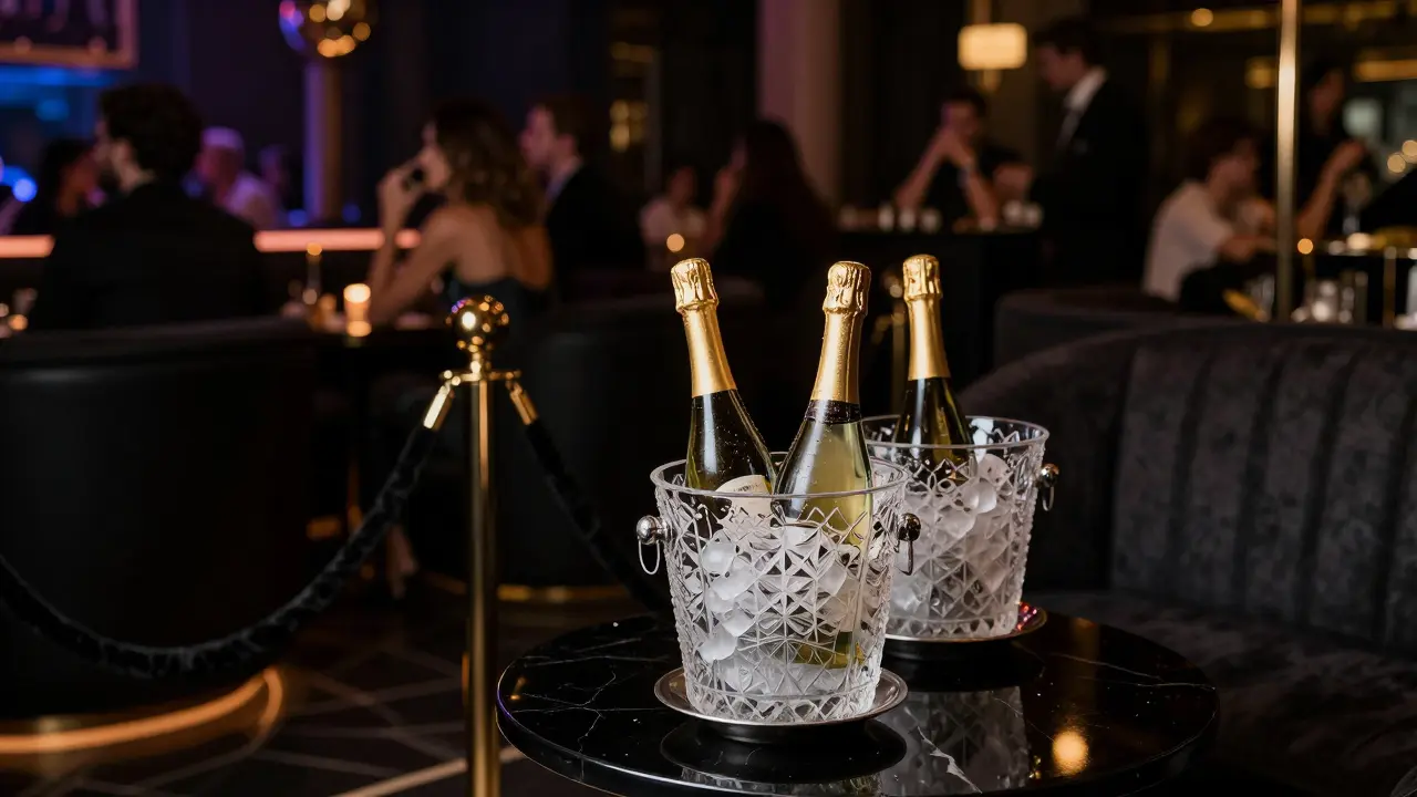 VIP table with champagne bottles separated by velvet ropes from dance floor.