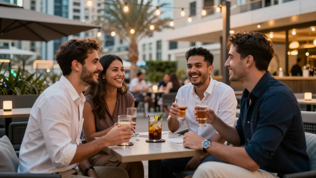 Friends laughing together at an outdoor evening bar terrace