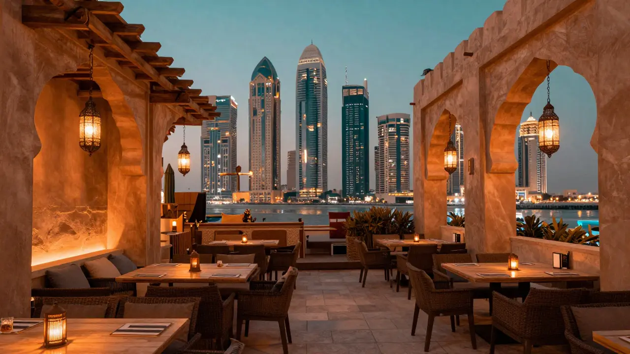 Rooftop lounge with traditional arches and city lights