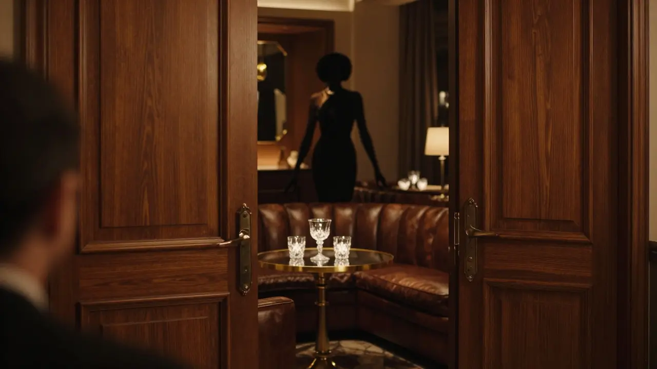 View into an exclusive, dimly lit private member lounge with upscale gold decor